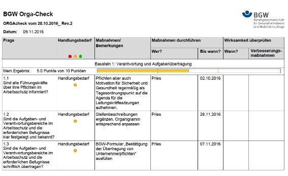 Anleitung BGW Orga-Check: Bildschirmfoto PDF Auswertung