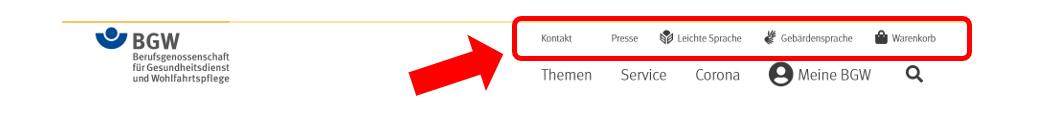 Kopfzeile der Webseite bgw-online mit Menü: Kontakt, Presse, Leichte Sprache, Gebärdensprache, Warenkorb