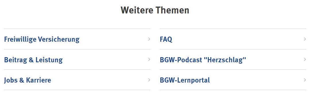 Startseite bgw-online - Feld "Weitere Themen": BGW-Fotowettbewerbe, Beitrag & Leistung, Jobs & Karriere, Gesunder Rücken, Gesunde Haut, BGW-Lernportal