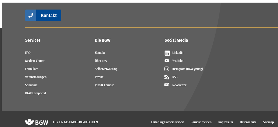 Fußzeile Unterer Teil einer Webseite mit Menüpunkten: Services, Die BGW und Social Media plus Unterpunkten.