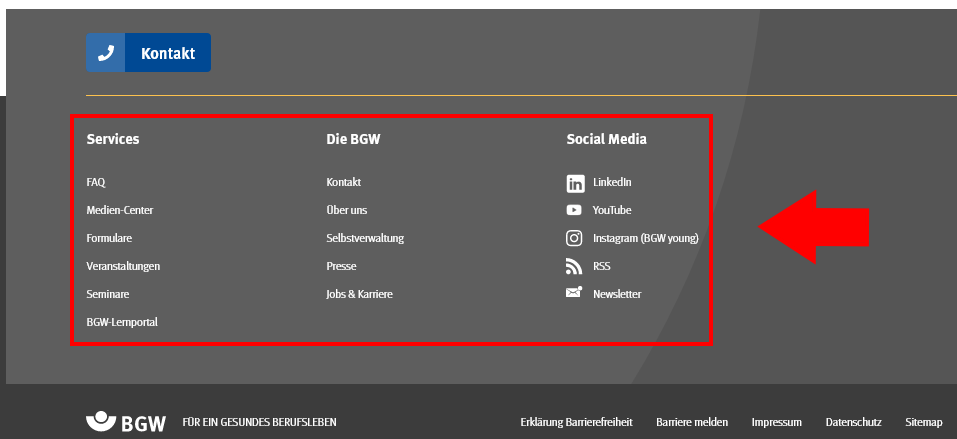 Fußleiste: Menü Unterer Teil der Webseite bbw-online.de mit Menüpunkten: Services, Die BGW und Social Media plus Unterpunkten.