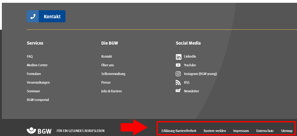 Fußleiste: Impressum Unterer Teil der Webseite bbw-online.de mit Menüpunkten: Services, Die BGW und Social Media plus Unterpunkten.