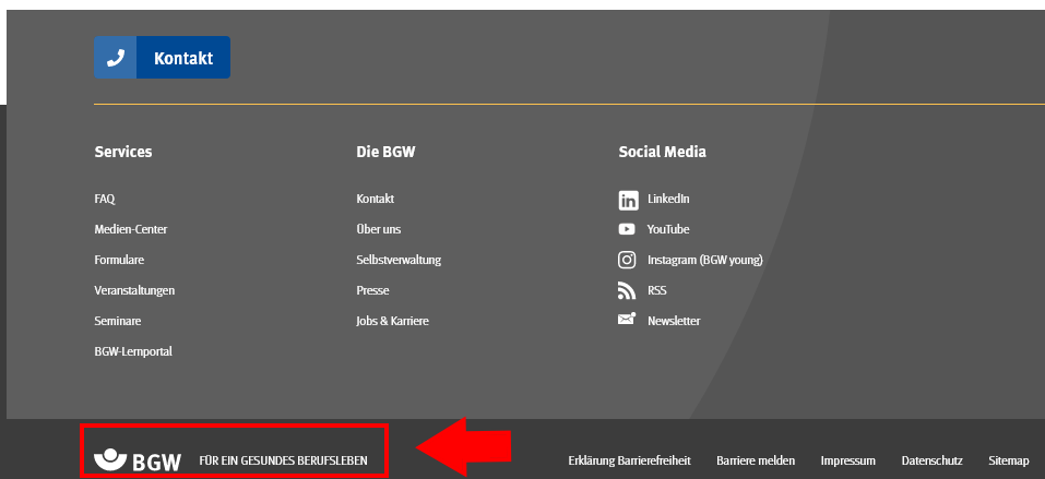 Fußleiste: BGW-Logo Unterer Teil der Webseite bbw-online.de mit Menüpunkten: Services, Die BGW und Social Media plus Unterpunkten.