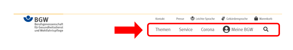 Kopfzeile der Webseite bgw-online mit Menü: Kontakt, Presse, Leichte Sprache, Gebärdensprache, Warenkorb