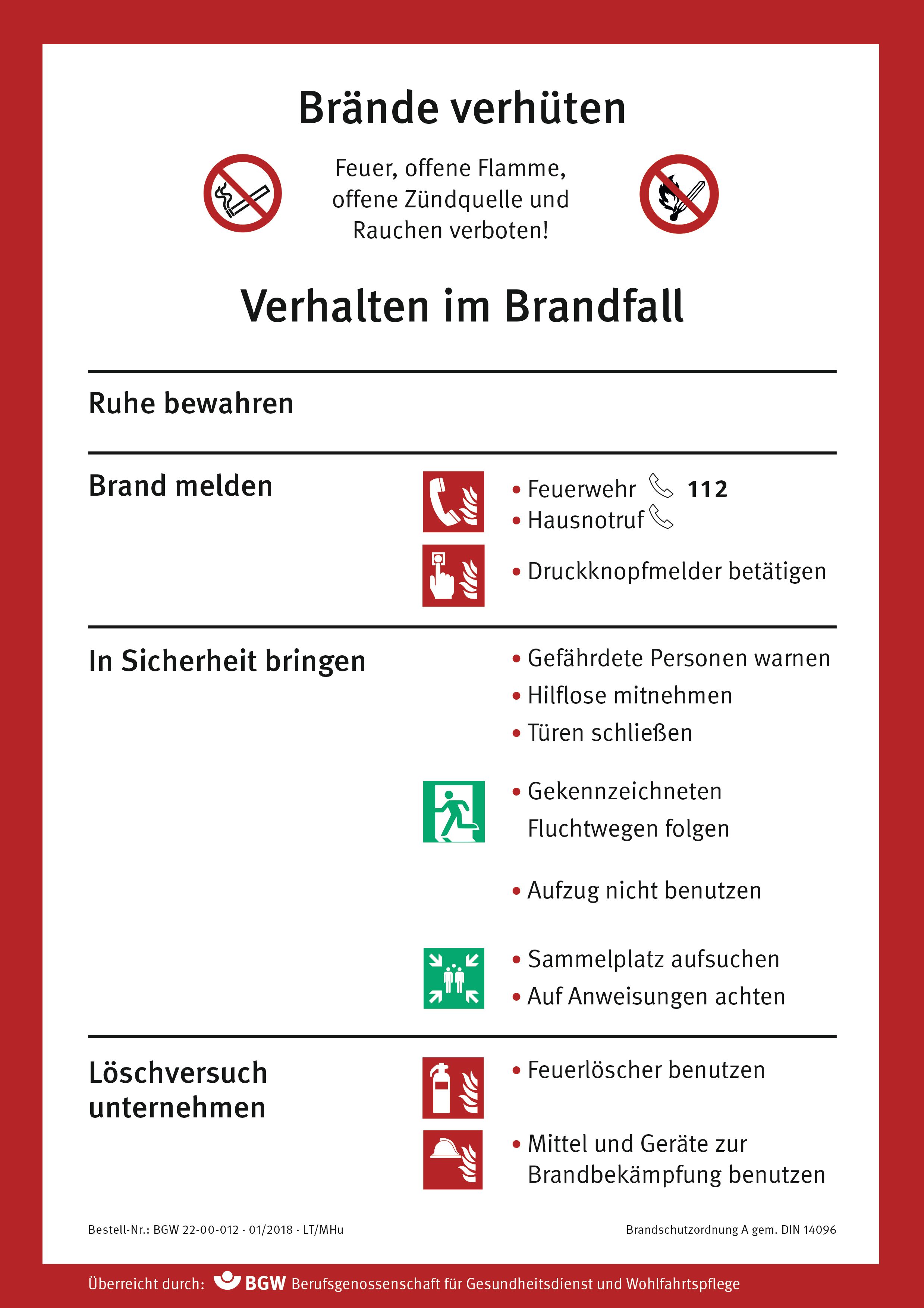 Titel: Aushang "Brände verhüten - Verhalten im Brandfall" - Infos zum Verhalten im Brandfall: Ruhe bewahren, Brand melden, in Sicherheit bringen, Löschversuch unternehmen