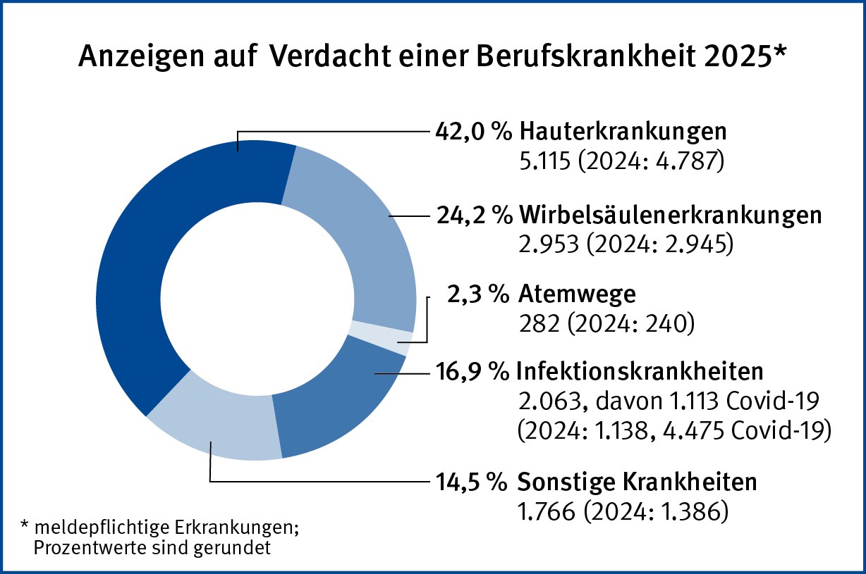 Tortengrafik "Anzeigen auf Verdacht einer Berufskrankheit": 42,0 % Hauterkrankungen: 5.115 (2024: 4.787), 24,2 % Wirbelsäulenerkrankungen: 2.953 (2024: 2.945), 2,3 % Atemwegserkrankungen: 282 (2024: 250), 16,9 % Infektionskrankheiten: 2.063, davon 1.113 Covid-19 (2024: 1.138, 4.475 Covid-19), 14,5 % Sonstige Krankheiten: 1.766 (2024: 1.3861.386)