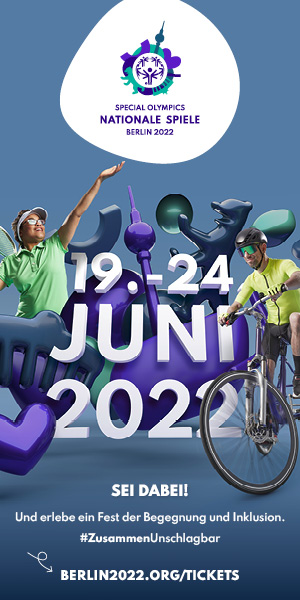 SOD Sommerspiele 2022 Berlin: Banner SOD Nationale Sommerspiele: Berlin, Afroamerikanische Tennisspielerin in grünem Dress mit Brille und Cap, Brandenburger Tor, Logo der Sommerspiele, Berliner Bär, Radfahrer im gelben Trikot, Event vom 19. bis 24.Juni 2022, Tickets auf berlin2022.org/tickets