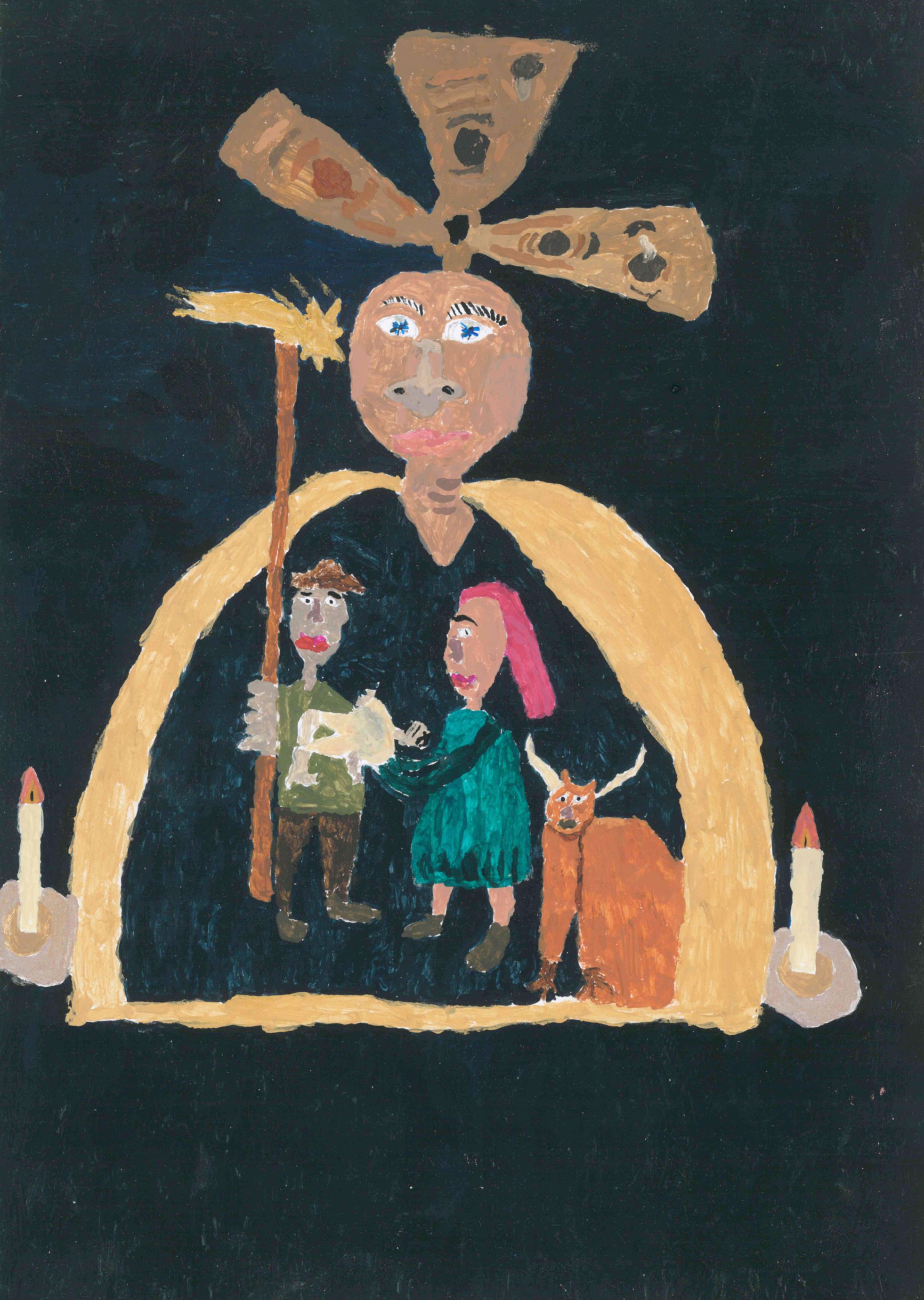 Gemälde: Weihnachtspyramide mit Josef, Maria, Christkind und eine Kuh - rechts und links Kerzen
