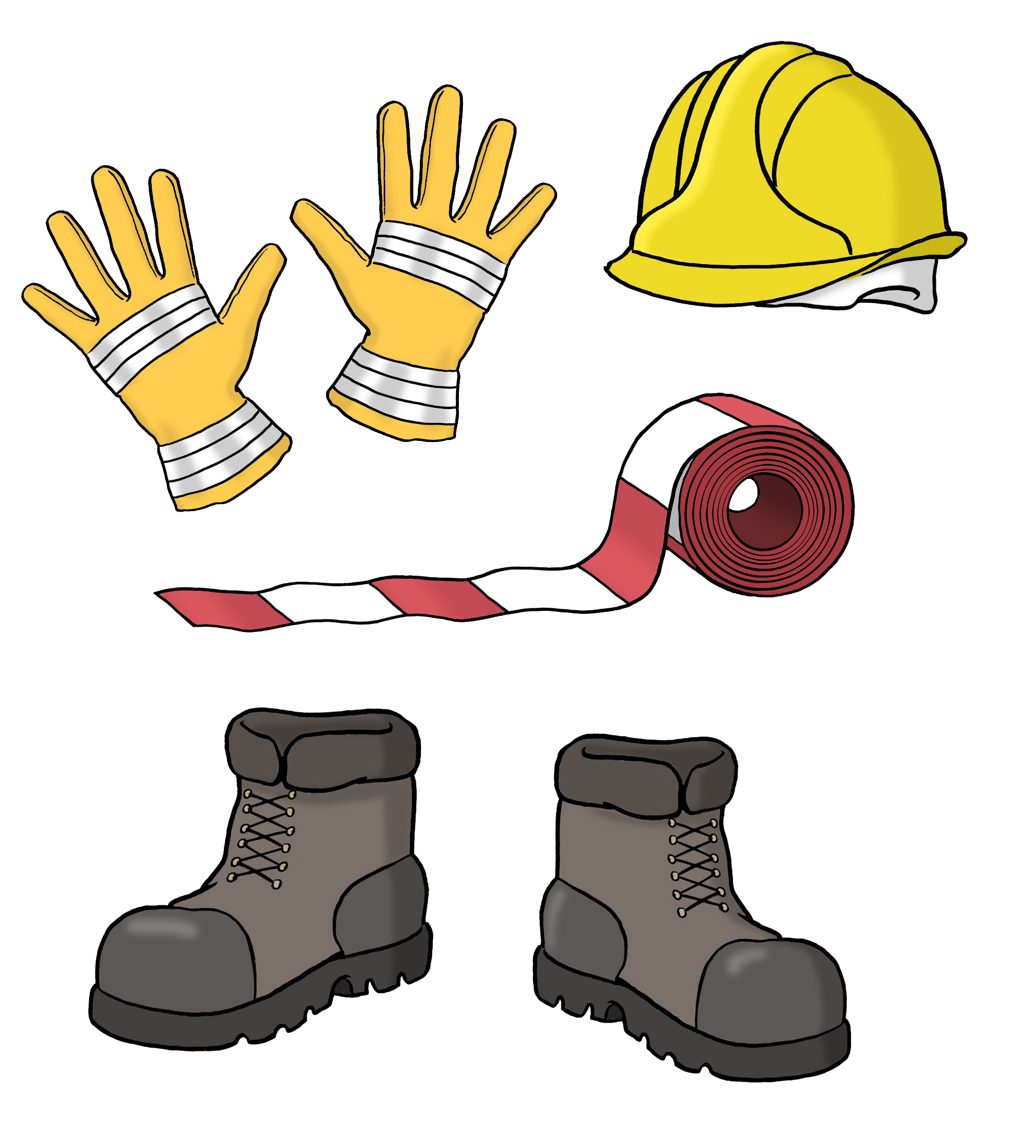 Illustration: Schutzausrüstung: Helm, Handschuhe, Absperrband, Arbeitsschuhe