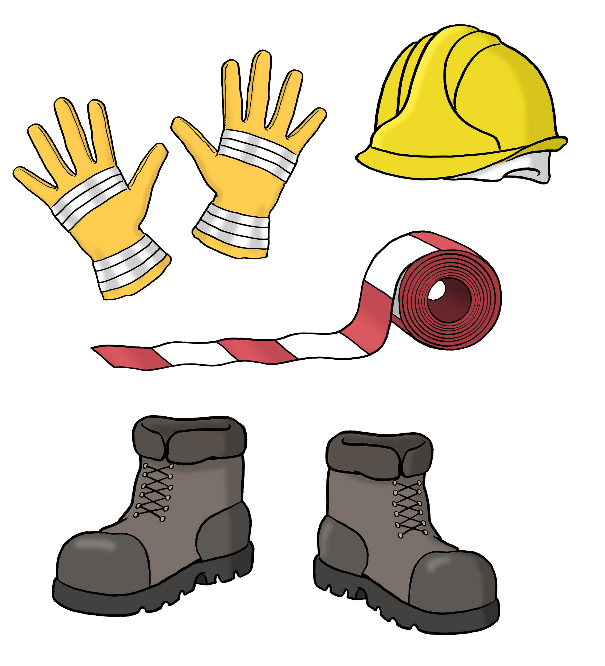 Schutz-Ausrüstung: Helm, Hand-Schuhe, Absperr-Band, Arbeits-Schuhe Illustration: Schutzausrüstung: Helm, Handschuhe, Absperrband, Arbeitsschuhe
