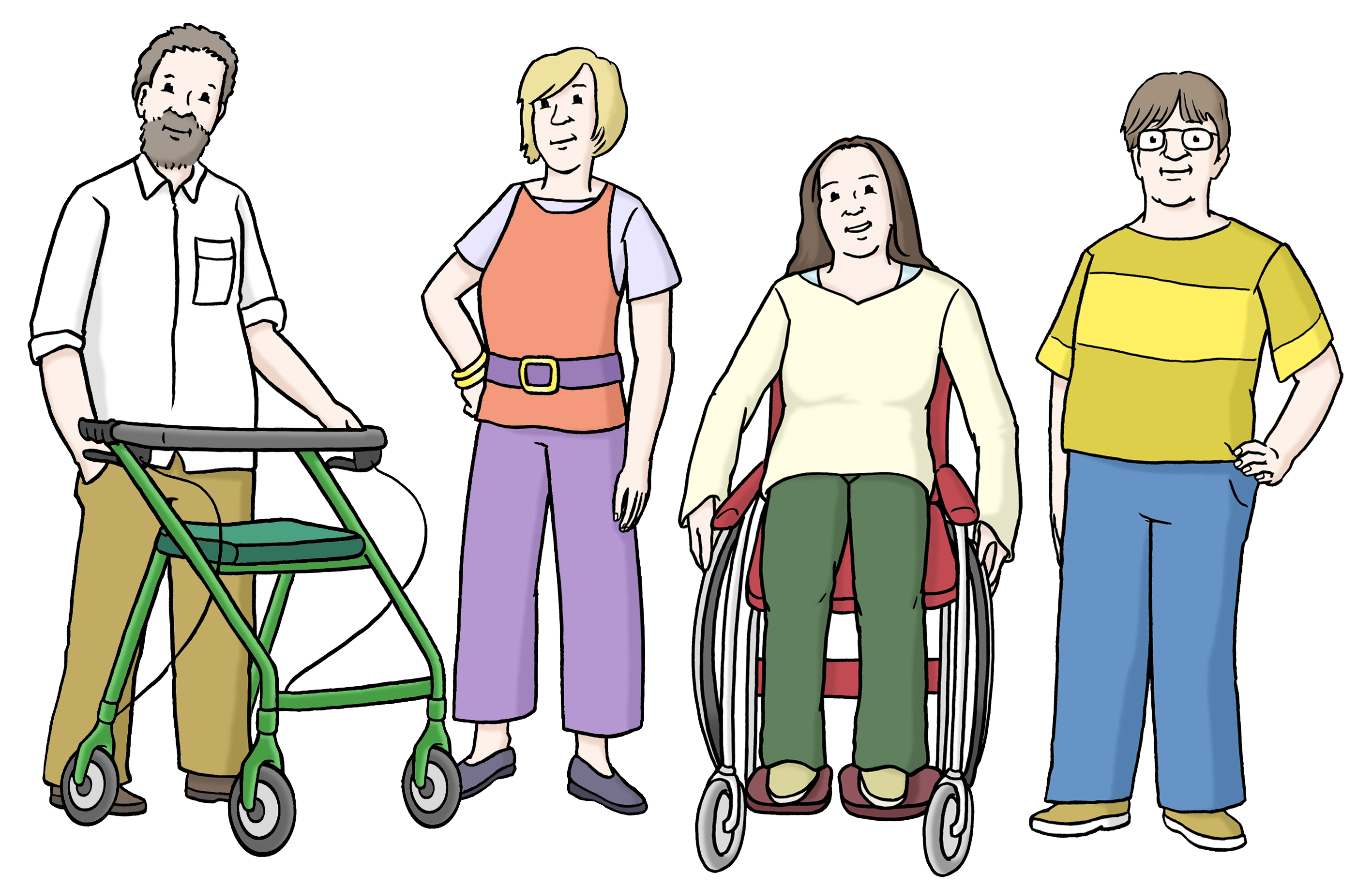 Illustration: Menschen mit Rollstuhl, Gehhilfe und ohne Behinderung