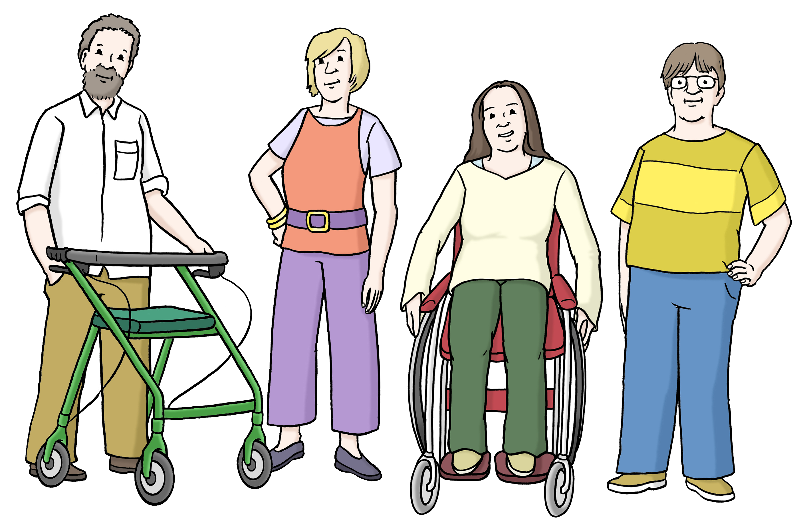 Menschen mit und ohne Behinderung Illustration: Menschen mit Rollstuhl, Gehhilfe und ohne Behinderung