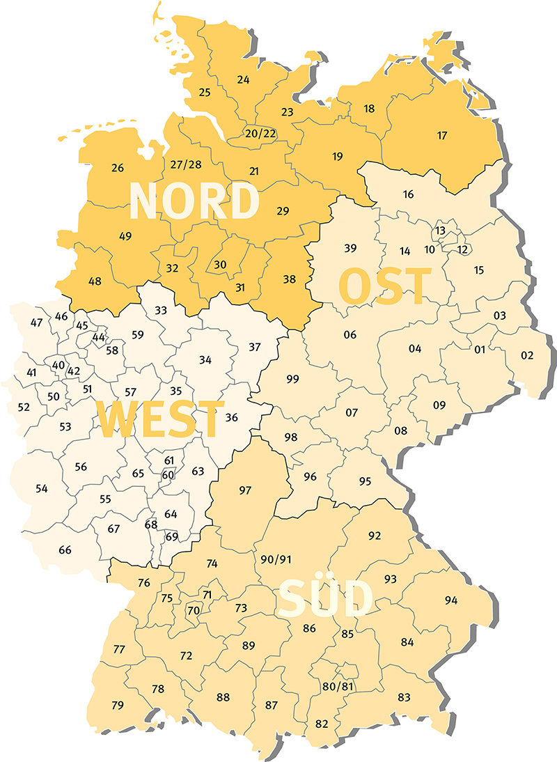 Deutschlandkarte der Schulungsregionen nach Postleitzahlen