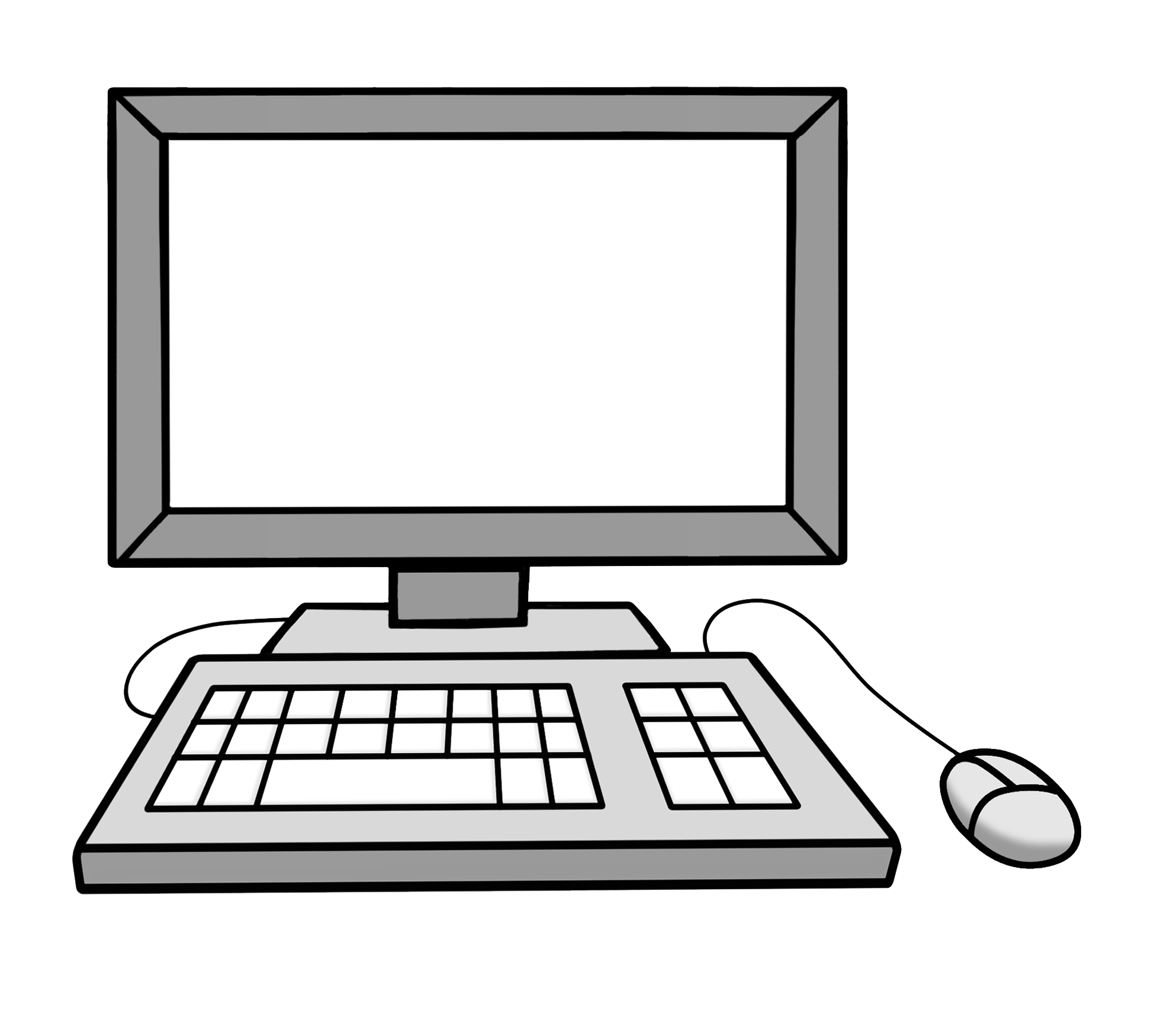 Illustration: Ein Computer mit Bildschirm und Maus am Kabel.