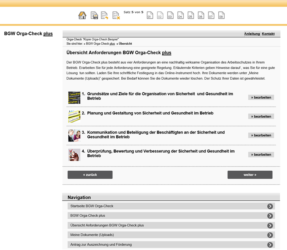 Anleitung BGW Orga-Check plus: Bildschirmfoto Übersichtsseite