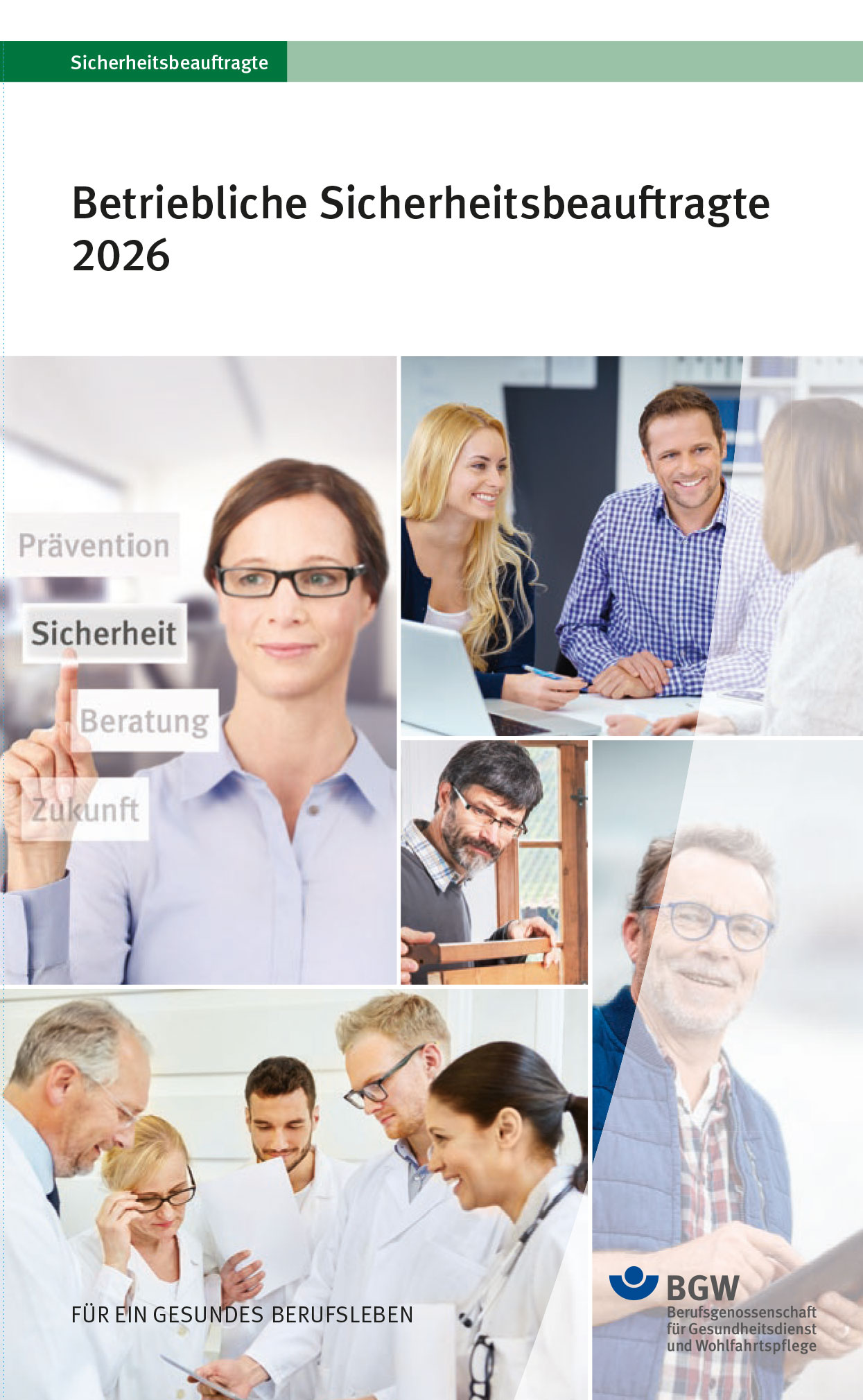 Titel des Taschenkalenders für Sicherheitsbeauftragte 2026 - Bildcollage mit Arbeitssituationen einer Sicherheitsfachkraft (Beratung, Dokumentation)