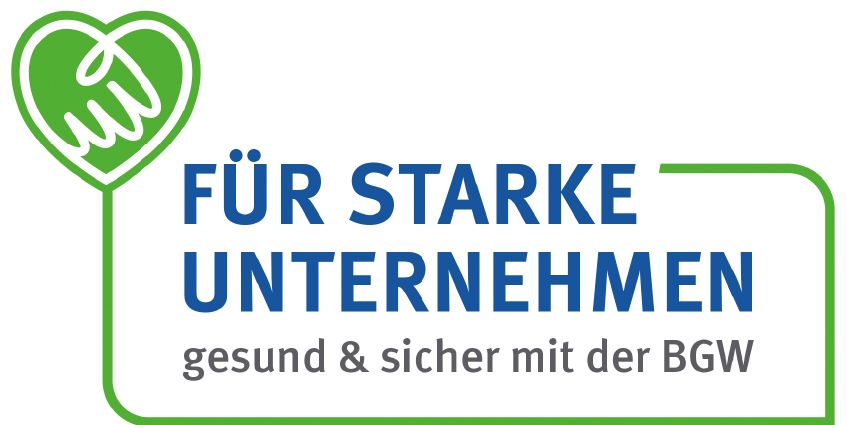 Logo: Starke Unternehmen mit Schriftzug "Für starke Unternehmen gesund und sicher mit der BGW" und grünem Herz