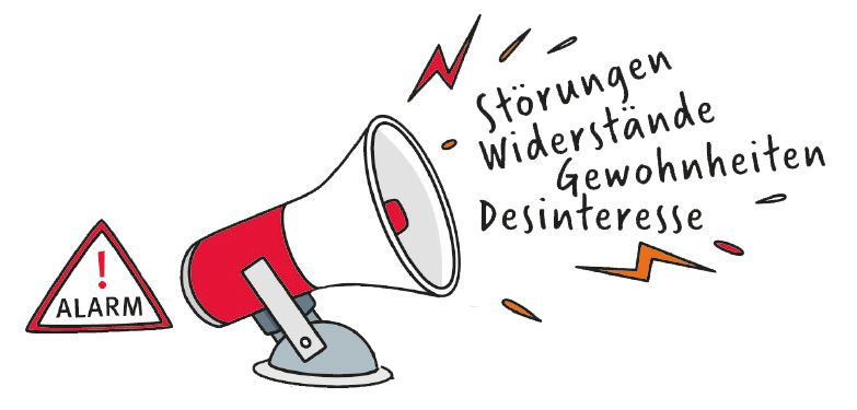 Alarm - Störungen Illustration mit einem kleinen Schild "Alarm" und einem Megaphon, aus dem der Text kommt "Störungen, Widerstände, Gewohnheiten, Desinteresse"