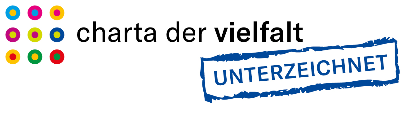 Das Logo der Charta der Vielfalt mit 9 bunten Punkten und dem Schriftzug "unterzeichnet"