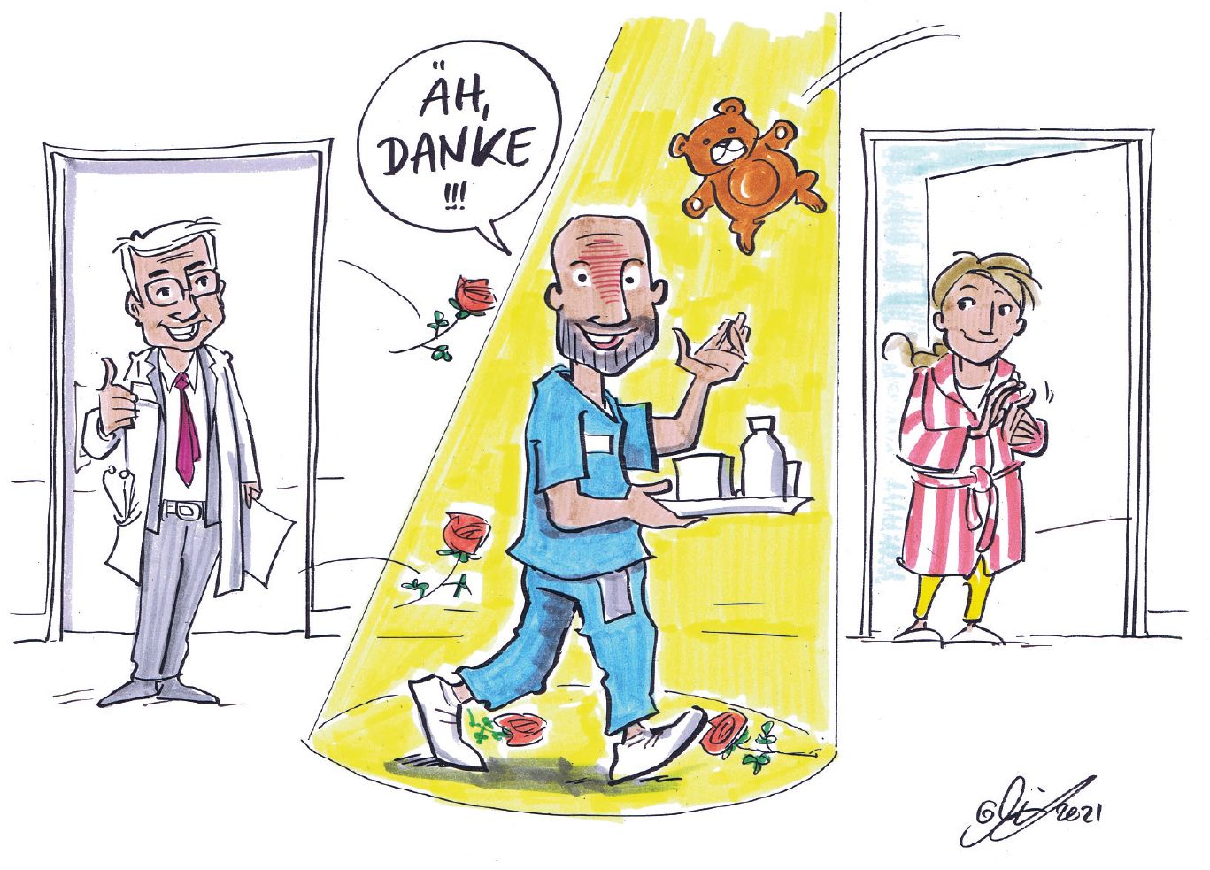 Karikatur: Eine Pflegekraft trägt ein Tablett und wird dabei von einem Lichtkegel hervorgehoben. Fliegende Rosen und ein Kuscheltier symbolisieren Anerkennung. Ein Arzt zeigt der Pflegekraft den Daumen hoch, eine Patientin klatscht Beifall. Der Pfleger sagt: "Äh, danke!!!"