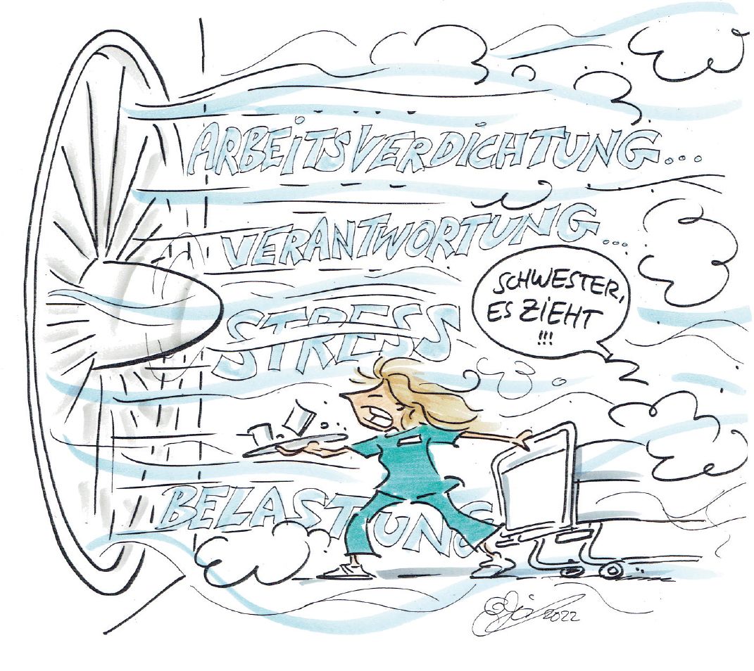 Karikatur: Eine große Turbine verursacht einen Luftstrom, in dem die Worte Arbeitsverdichtung, Verantwortung, Stress und Belastung zu lesen sind. Eine Pflegekraft kämpft gegen den Luftstrom an, während sie ein Tablett balanciert und ein Bett zieht. Eine Sprechblase über dem Bett enthält den Vorwurf: "Schwester, es zieht!!!"