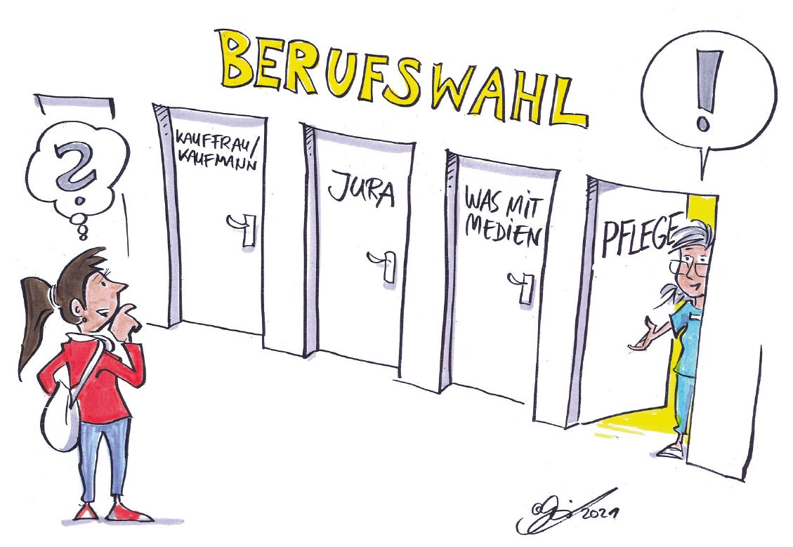 Karikatur: Eine junge Frau mit Fragezeichen über dem Kopf steht vor einer Wand mit der Aufschrift "Berufswahl", in der sich vier Türen befinden. Die Türen mit den Aufschriften "Kauffrau/Kaufmann", "Jura" und "Was mit Medien" sind geschlossen. Die vierte Tür mit der Aufschrift "Pflege" wird von einer grauhaarigen Pflegerin geöffnet. Über ihrem Kopf befindet sich ein Ausrufezeichen.