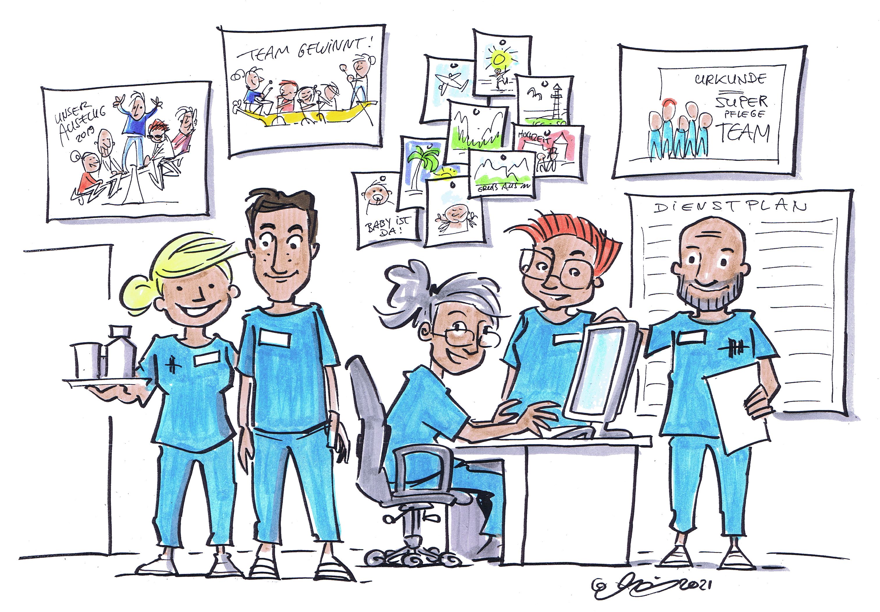 Karikatur: Ein fünfköpfiges Team von Pflegekräften steht in einem Büro. An der Wand erkennt man Zeichnungen von gemeinsamen Ausflügen, Postkarten, einen Dienstplan und eine Teamkurkunde. Alle Teammitglieder wirken zufrieden.