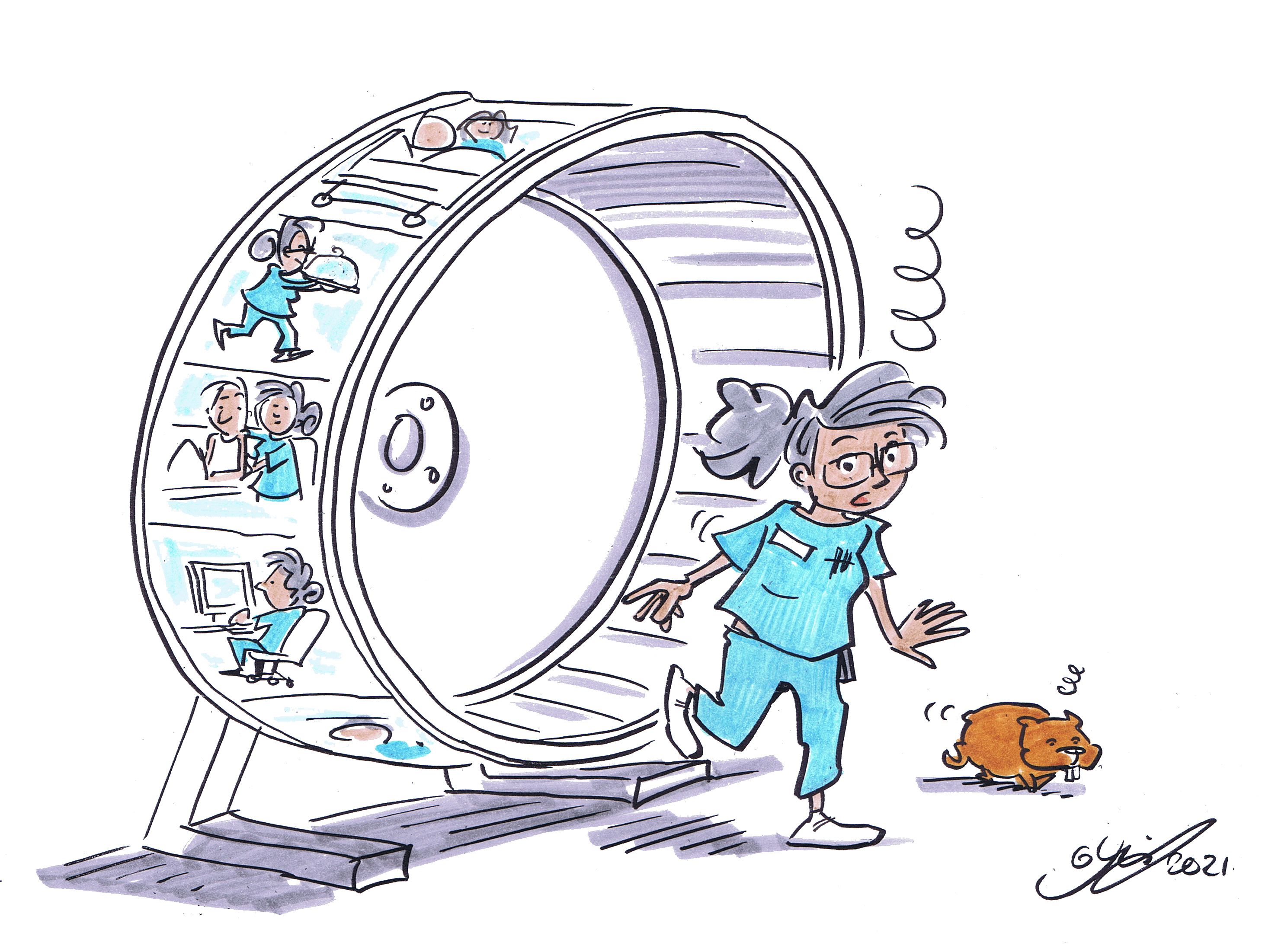 Karikatur: Eine grauhaarige Pflegekraft verlässt benommen ein Hamsterrad. Zeichnungen auf dem Hamsterrad zeigen Situationen aus dem Arbeitsalltag: Eine Pflegekraft am Computer, ein Tablett tragend oder im Patientenkontakt.