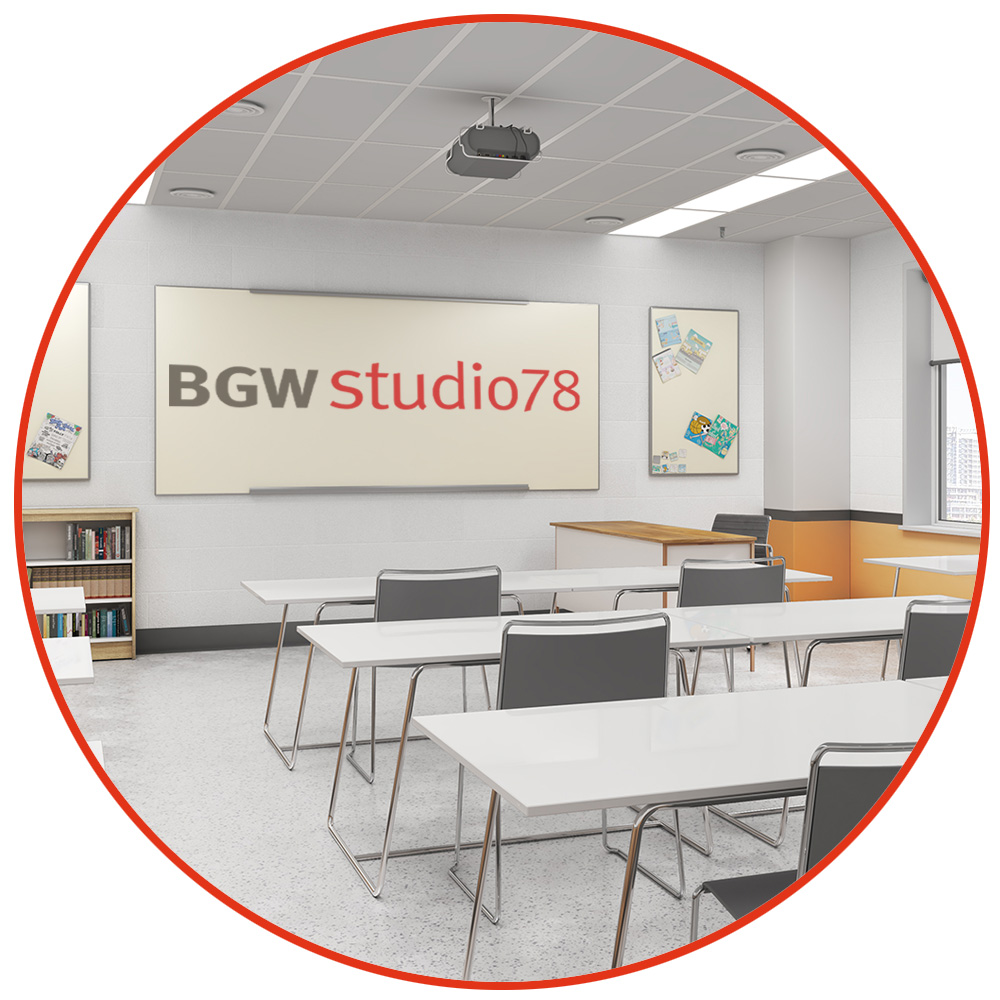Illustration eines modernen hellen Klassenzimmers mit Beamer und weißer Tafel