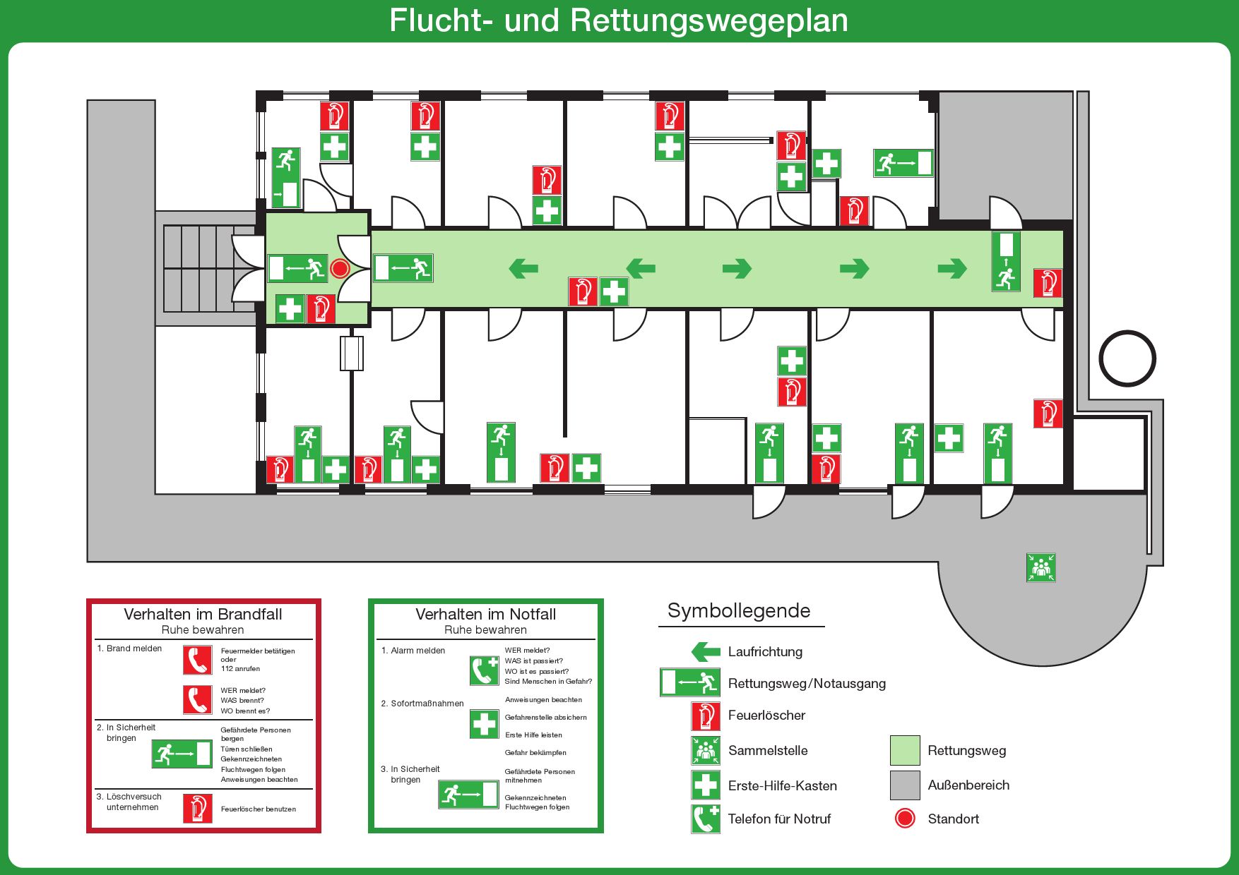 Beispiel eines Flucht- und Rettungswegeplans: der Grundriss eines Gebäudes mit Symbolen für Löschmittel-Standorte, Notausgänge, Fluchtwege und Sammelplatz