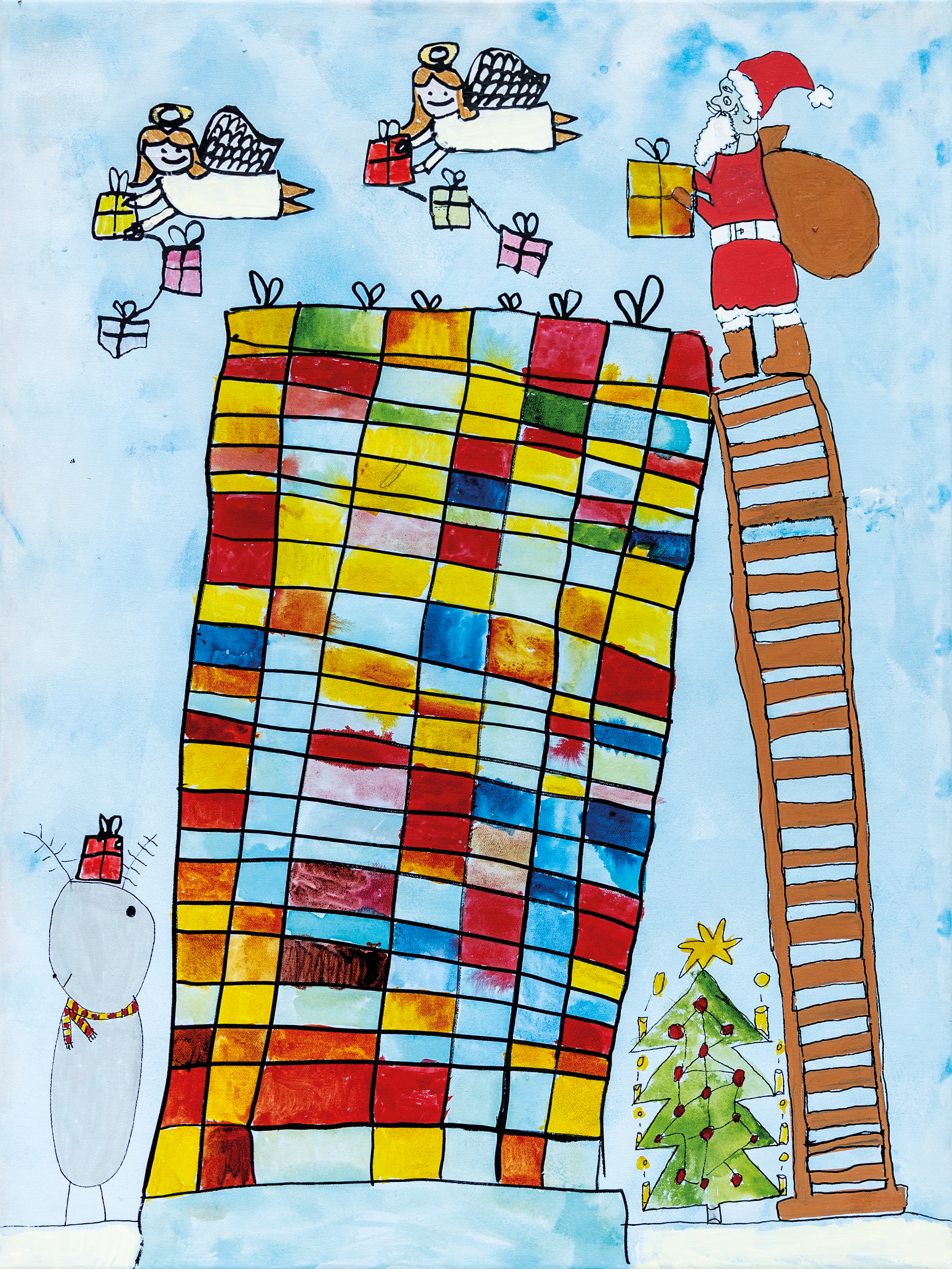 2. Platz 2023 für das Bild "Himmlische Verpackungsstation" Das Bild "Himmlische Verpackungsstation" zeigt einen großen Turm gestapelter Geschenke. Der Weihnachtsmann steht auf einer Leiter und packt ein Geschenk obendrauf. Zwei Engel helfen ihm.