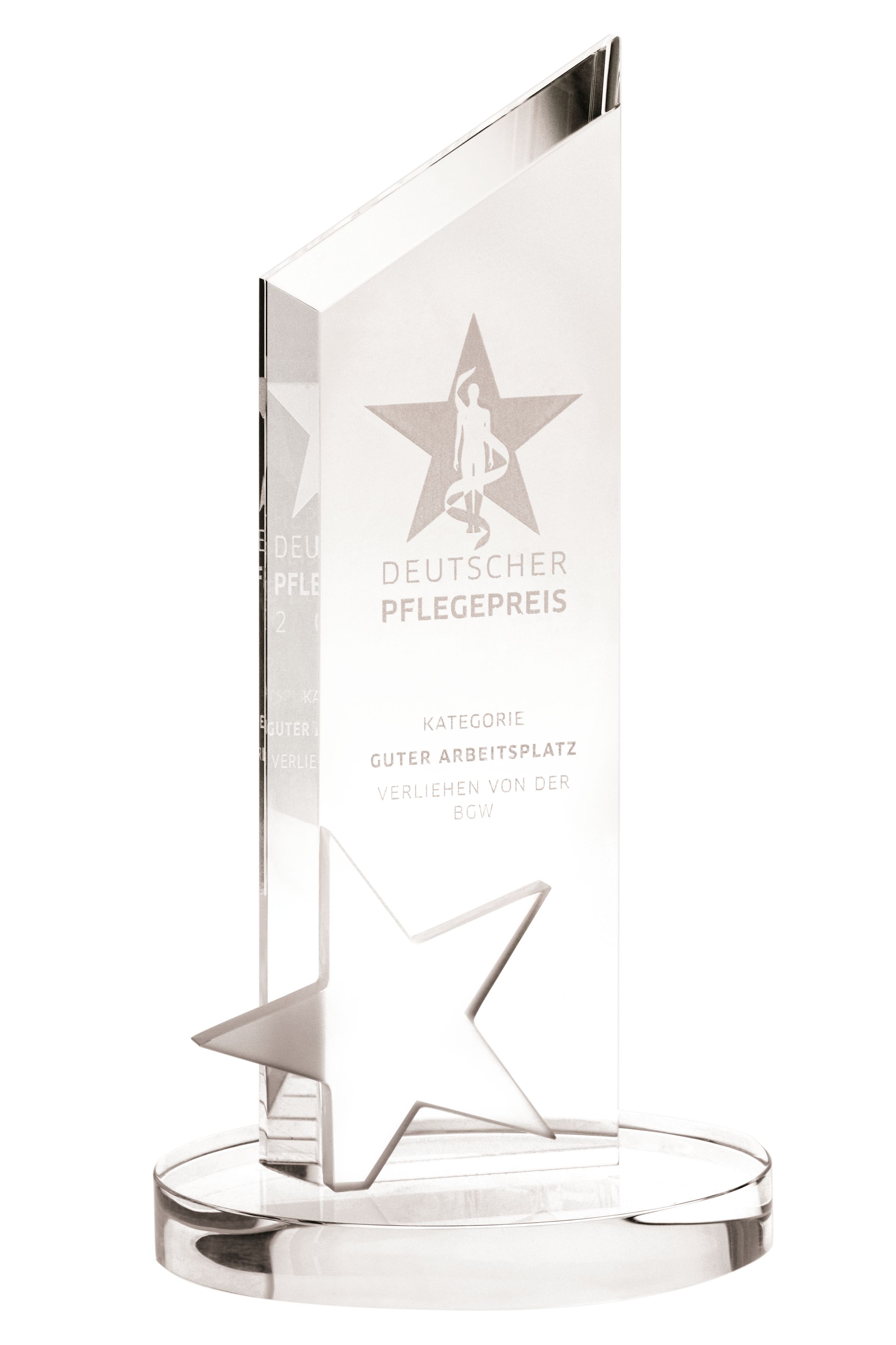 Deutscher Pflegepreis - Kategorie "Guter Arbeitsplatz" Abbildung des Pokals Deutscher Pflegepreis - Kategorie Guter Arbeitsplatz verliehen von der BGW