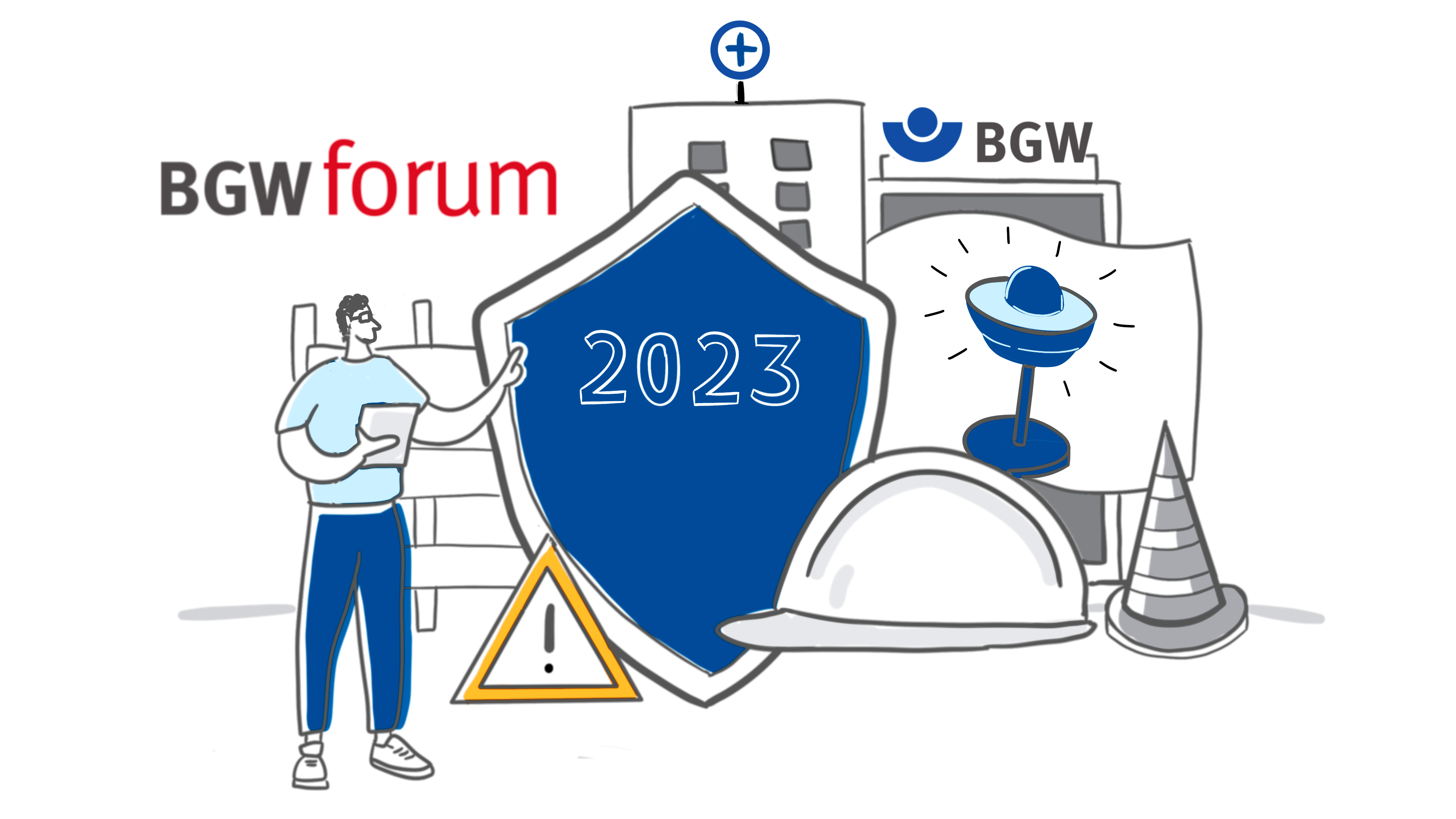 Illustration eines Mannes, der vor einem Schild mit der Aufschrift 2023 steht, dahinter ein Krankenhaus und ein BGW-Gebäude, der Pokal des BGW-Gesundheitspreises, daneben ein Schutzhelm, eine Pylone und ein Warndreieck