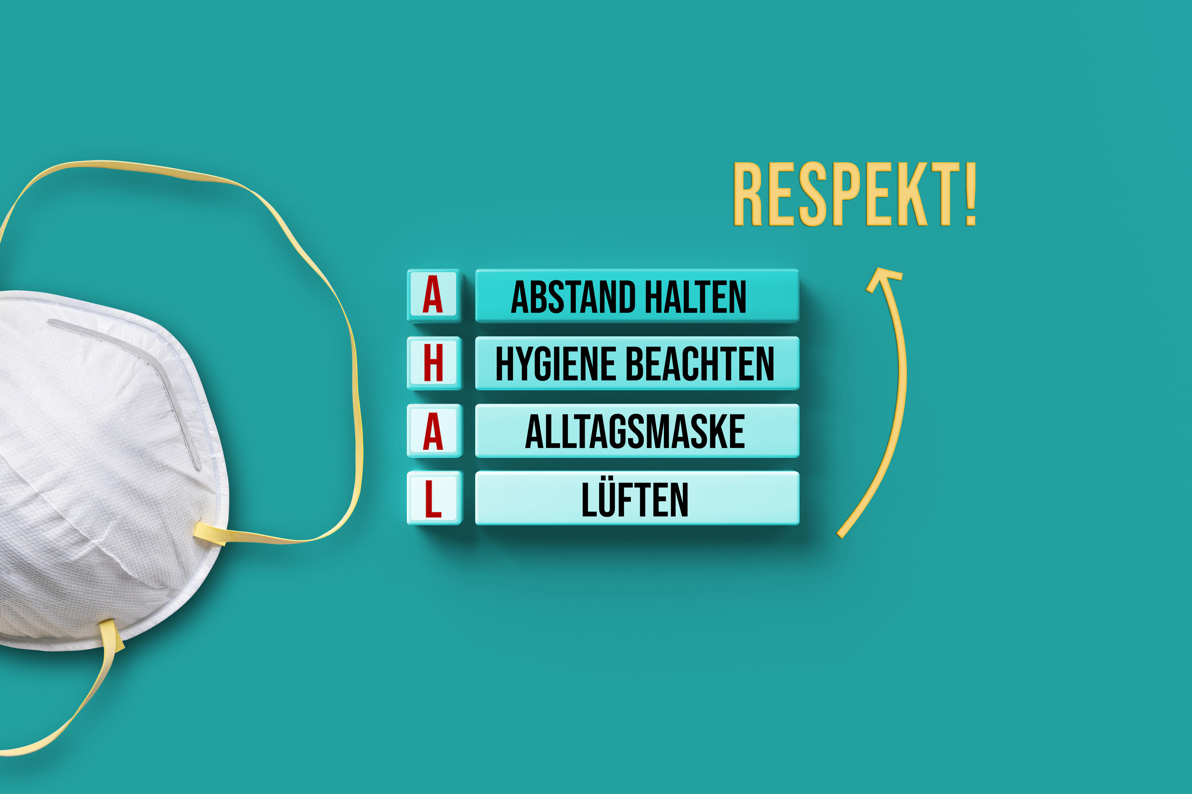 Eine FFP2-Maske, daneben Würfel mit den Buchstaben A, H, A, L und Erklärung: Abstand halten, Hygiene beachten, Lüften. Ein gelber Pfeil führt vom letzten Wort zum Wort Respekt.