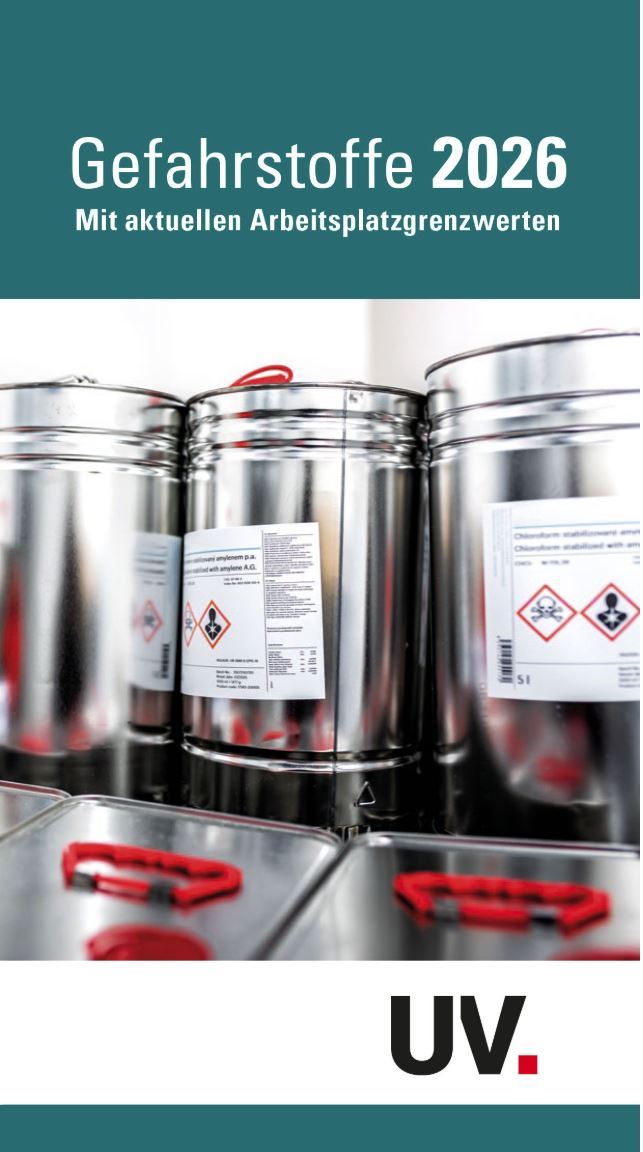 Titel: Broschüre "Gefahrstoffe 2024" - weiße Blechkanister mit Gefahrstoffpiktogrammen 
