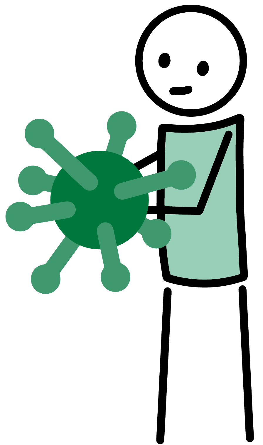 Illustration: Person in grünem Hemd mit großem Virusmodell in den Händen