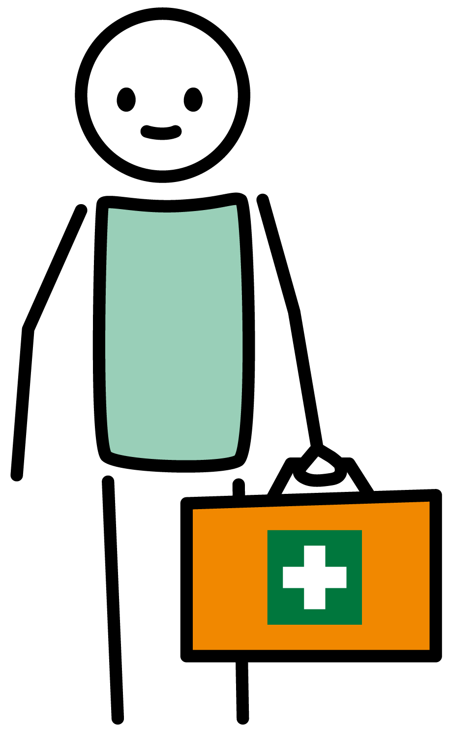 Illustration: Person mit grünem Hemd und Erste-Hilfe-Koffer in der Hand