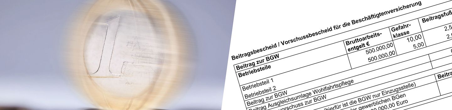 Euromünzen und Beitragsbescheid allgemein Collage, links: Ein-Euro-Münze dreht sich auf einem Stapel weiterer Geldstücke. Rechts: Teil des BGW-Beitragsbescheids für Beschäftigtenversicherung