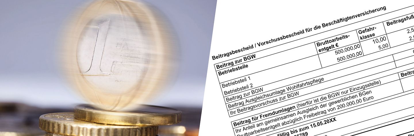 Collage, links: Ein-Euro-Münze dreht sich auf einem Stapel weiterer Geldstücke. Rechts: Teil des BGW-Beitragsbescheids für Beschäftigtenversicherung