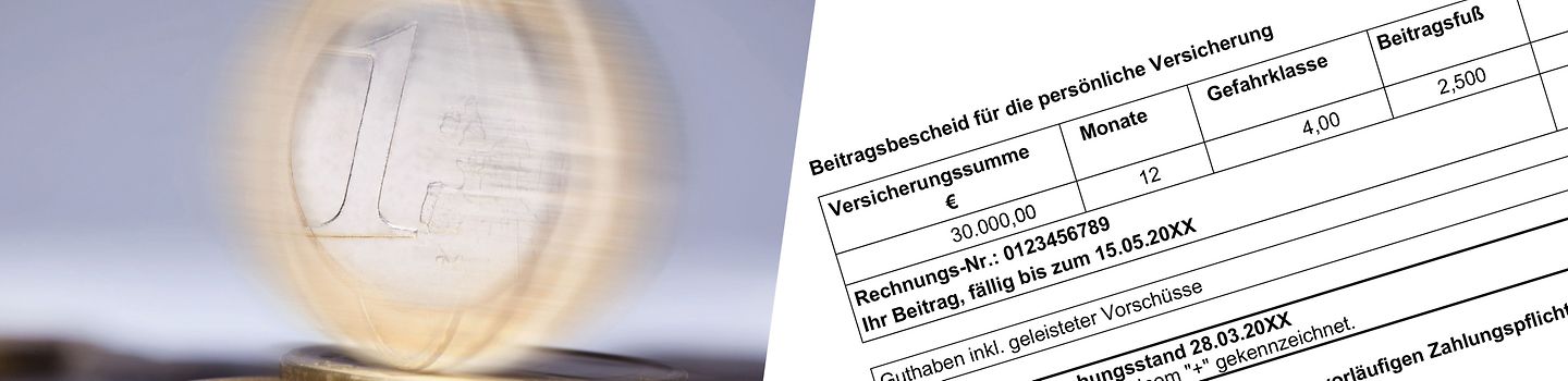 Euromünzen und Beitragsbescheid persönliche Versicherung Collage, links: Ein-Euro-Münze dreht sich auf einem Stapel weiterer Geldstücke. Rechts: Teil des BGW-Beitragsbescheids für perssönlich Versicherung