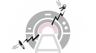 Illustration: MRT-Röhre mit Blitzen an den Seiten, die auf einen Kugelschreiber und einen Schlüsselbund zielen