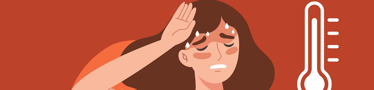 Illustration: Eine stark schwitzende Person streicht sich mit der Hand die Haare aus der Stirn. Über ihr scheint die Sonne.