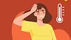 Illustration: Eine stark schwitzende Person streicht sich mit der Hand die Haare aus der Stirn. Über ihr scheint die Sonne.