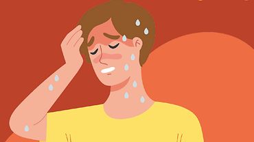 Illustration: Eine stark schwitzende Person streicht sich mit der Hand die Haare aus der Stirn.