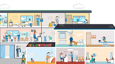 Illustration eines Hauses. Durch die offenen Seitenwände sieht man verschiedene Arbeitssituationen mit Personen, denen es bei der Arbeit sehr warm ist.