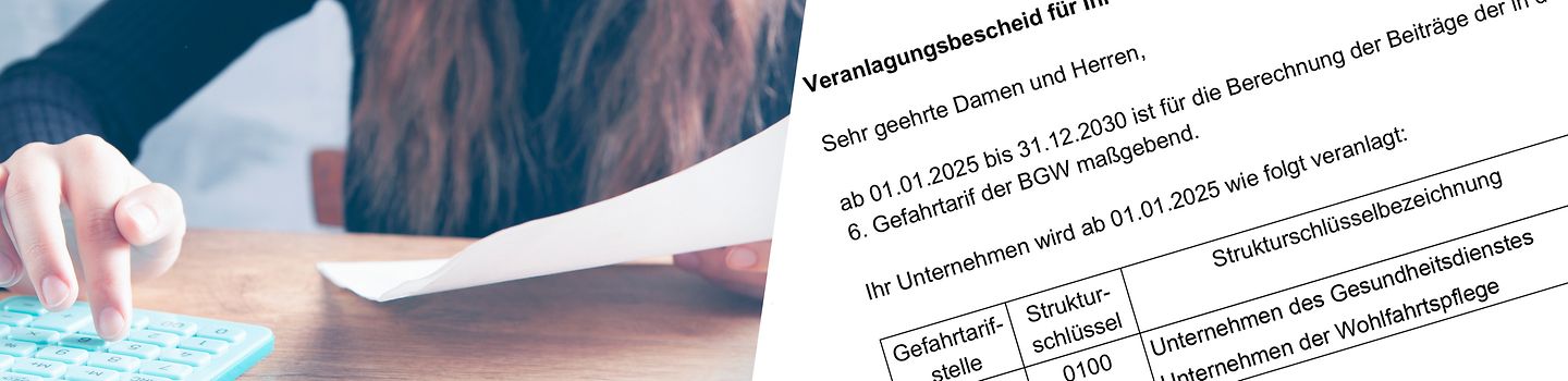 Collage: links: Eine Frau sitzt am Schreibtisch und tippt mit einer Hand auf einem Taschenrechner und hält in der anderen ein Blatt Papier. rechts: Ausschnitt des Dokuments "Veranlagungsbescheid"