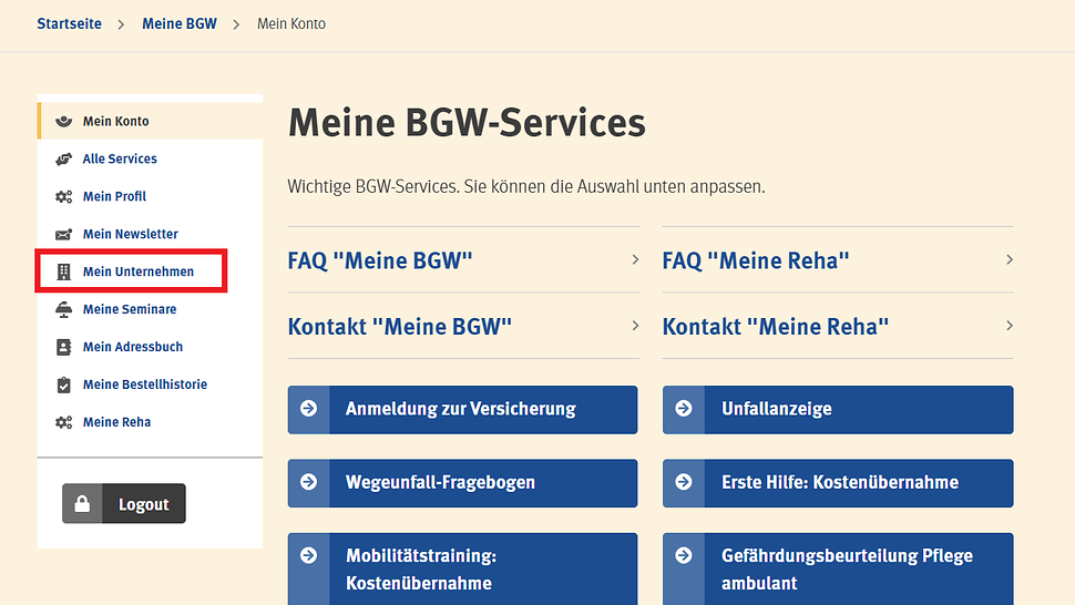 Screenshot Mein Unternehmen