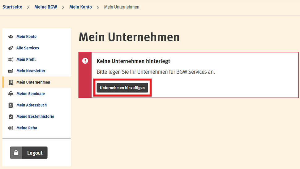 Screenshot Mein Unternehmen