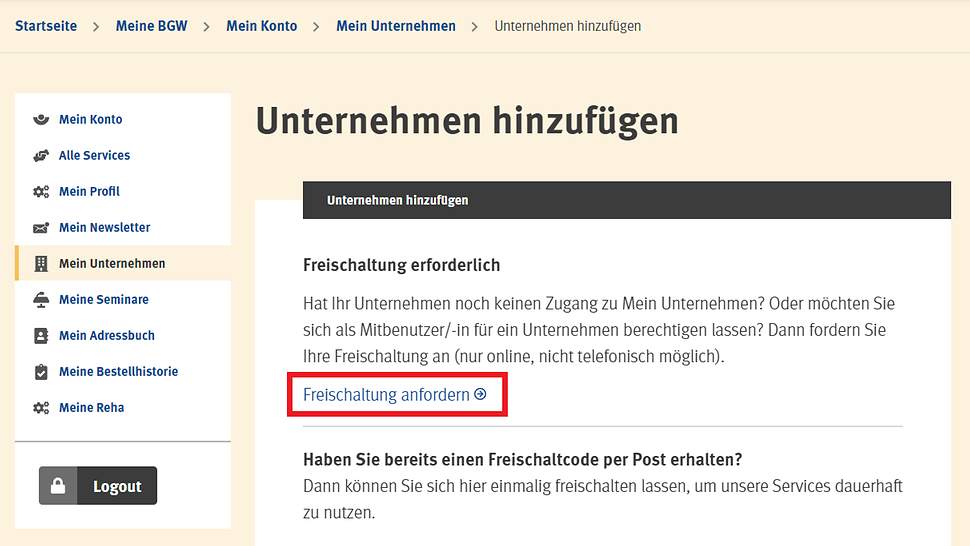 Screenshot Mein Unternehmen