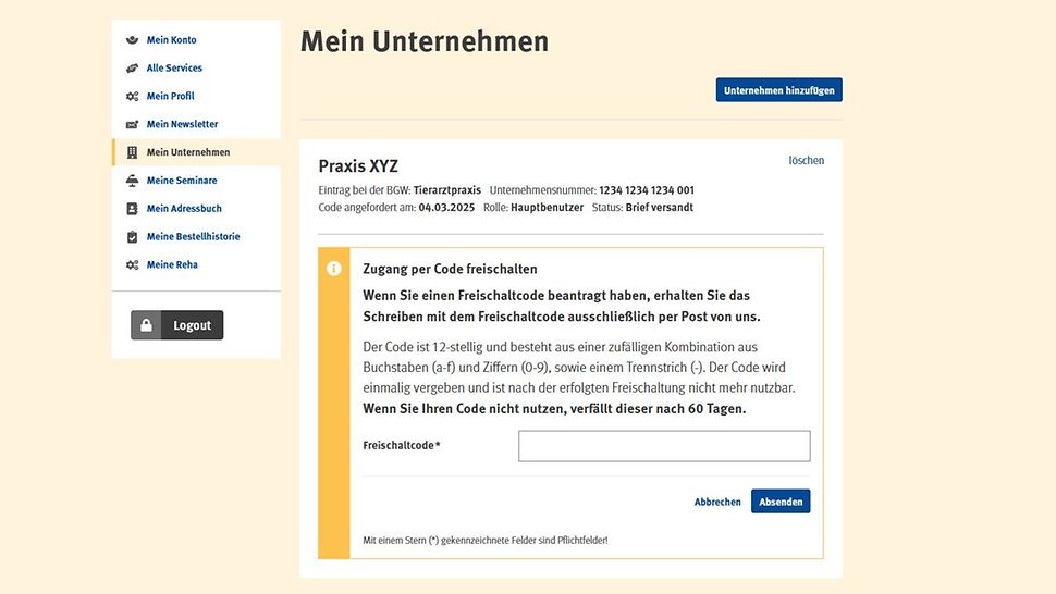 Screenshot Mein Unternehmen